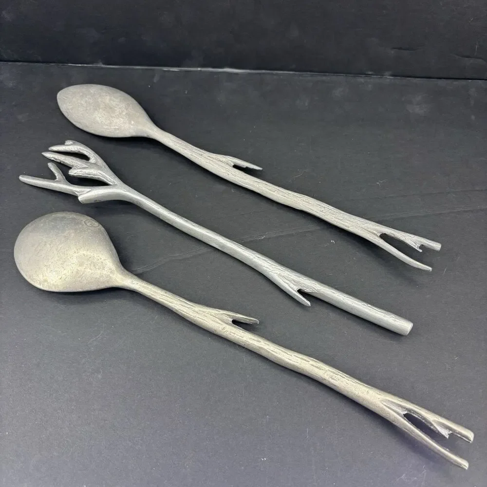 Vintage Aluminum Grey Tree Branch‎ Twigs Serving Set Salad Mixing Spoons